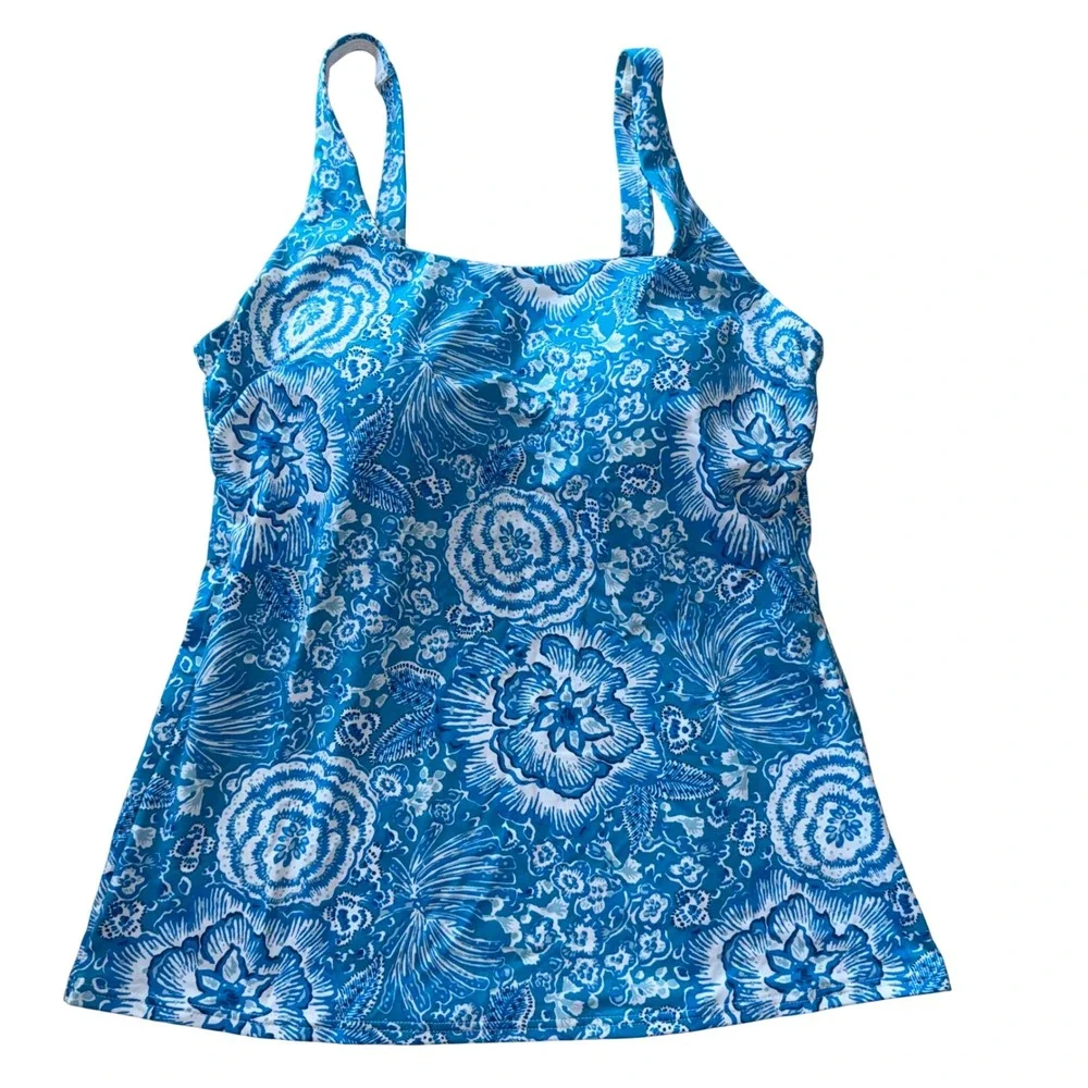 Lands End Blue White Floral‎ Tankini Swim Top Adjustable Straps Size 10